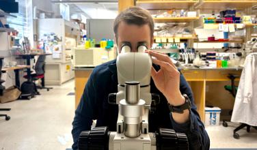 A photo of a man at a microscope in a lab environment.