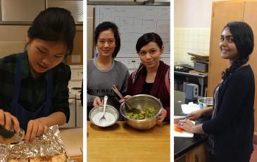 three side-by-side photos of student cooking and preparing meals