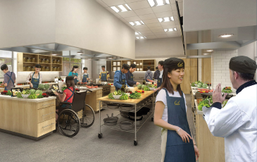 Render of what the updated Cal Teaching Kitchen would look like. A newly renovated kitchen filled with Cal students cooking in it and chef instructors.